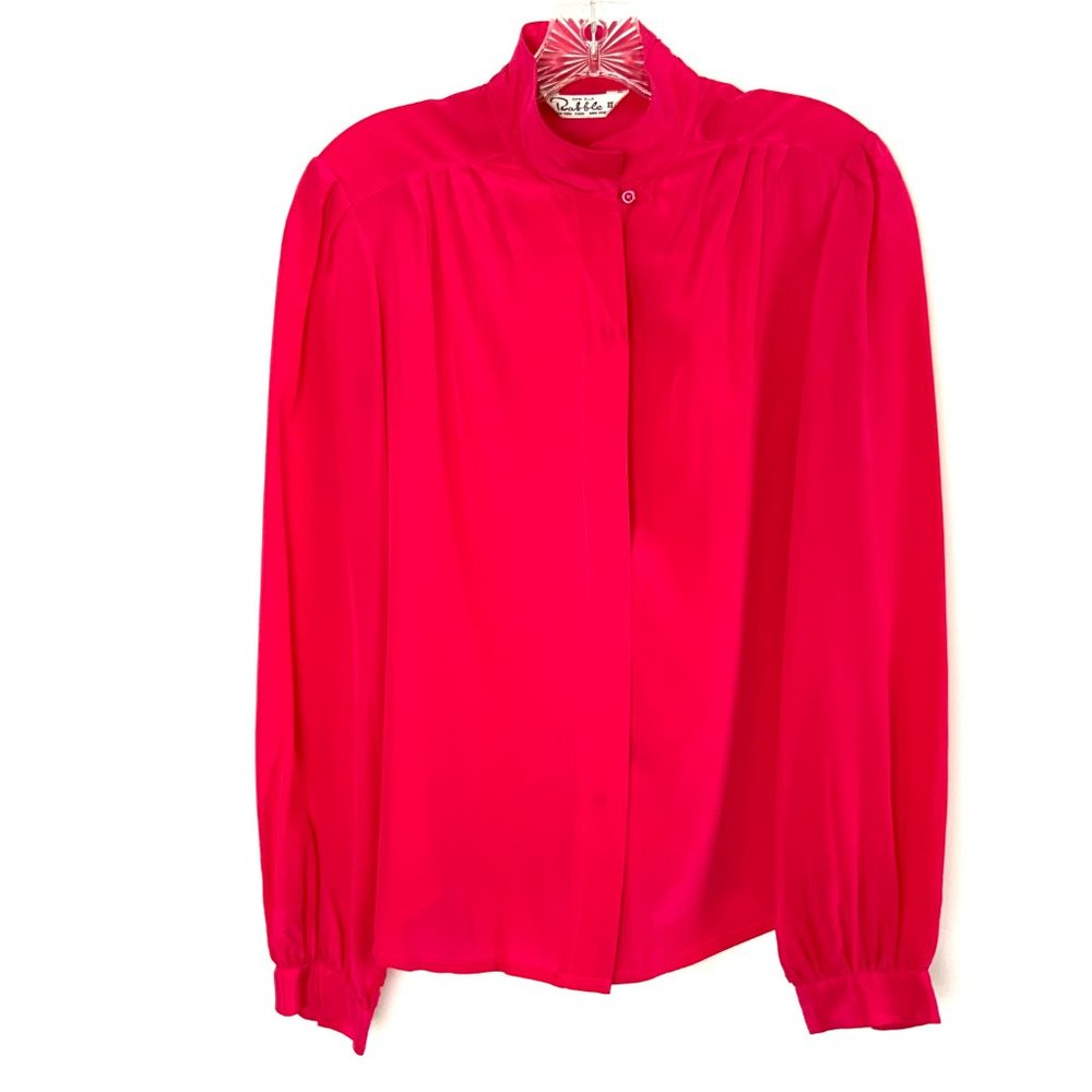 Rabble II 100% Silk Puff Long Sleeve Button Up Blouse Fuchsia/Hot Pink Medium - Picture 3 of 16
